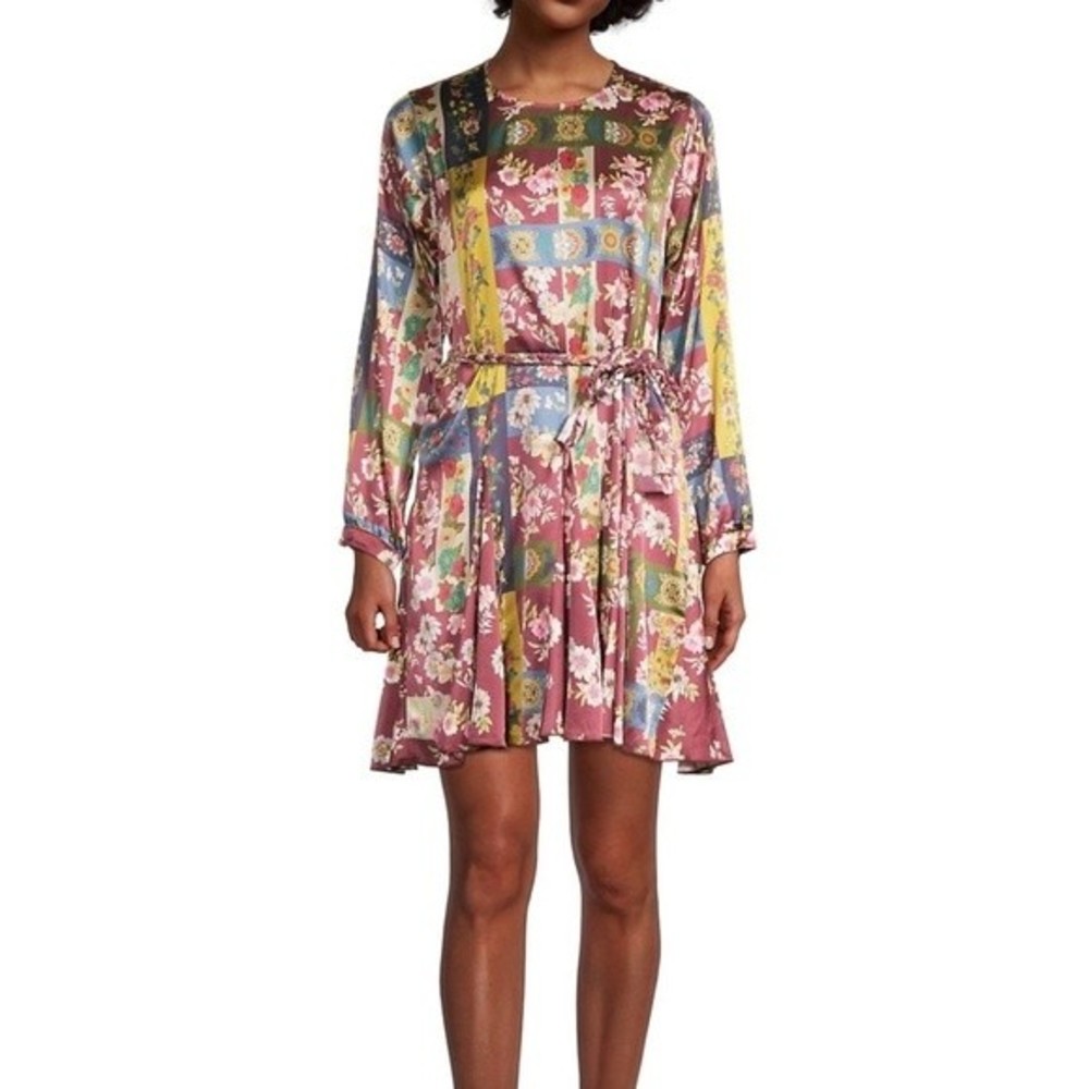 NWT Johnny Was Laurie Pippa Silk Patchwork Floral Burgundy Braid Belt Mini Dress